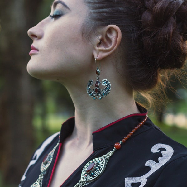 Vintage brown butterfly earrings, long lunula earrings, Kazakh antique jewelry, bohemian look, Massive carnelian earrings, Tuareg nomadic