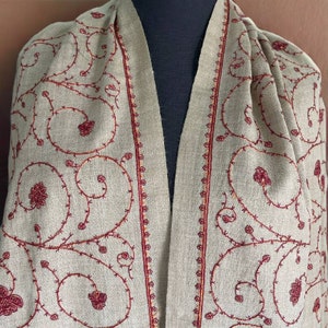 Light beige Pashmina shawl with red embroidery floral pattern, An eternal gift of elegance and warmth, Bohemian Scarf, comfortable Wrap.