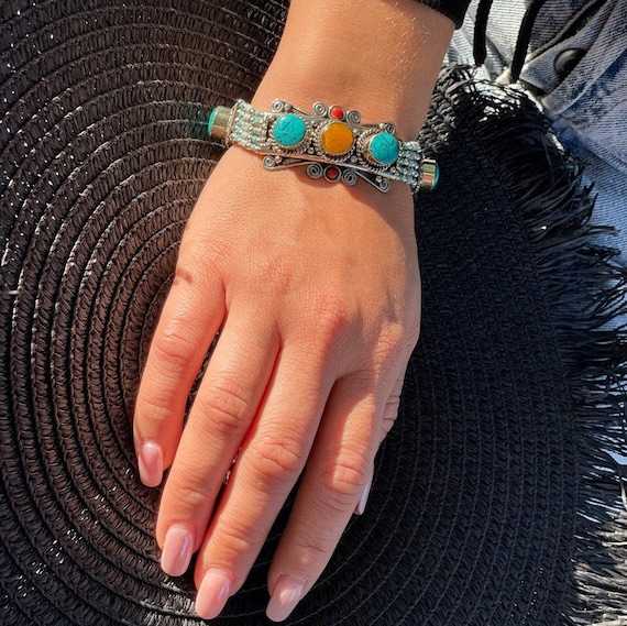 Boho Turquoise Stone Bangle, Tibetan Gypsy Bracelet, Hand Crafted
