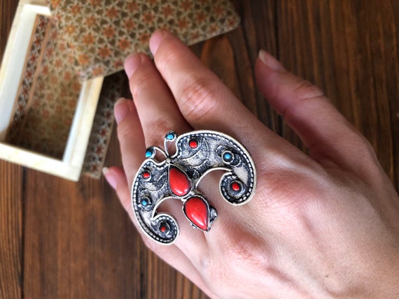 Coral Butterfly massive ring - afghan handicrafts… - image 1