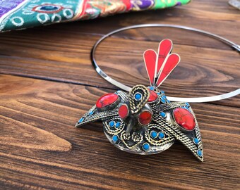 Massive red coral bird pendant, Antique nomadic Berber amulet, vintage Kuchi medallion, nomadic ethnic necklace, Tuareg red bird