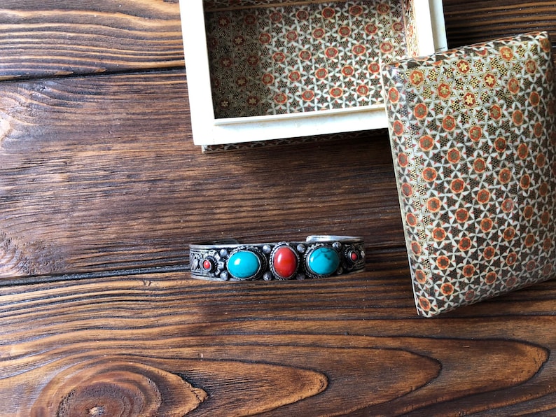 Vintage tibetan chunky turquoise and coral bracelet,filigree kuchi bracelet tribal boho look gypsy bangles Tuareg nomadic amulet