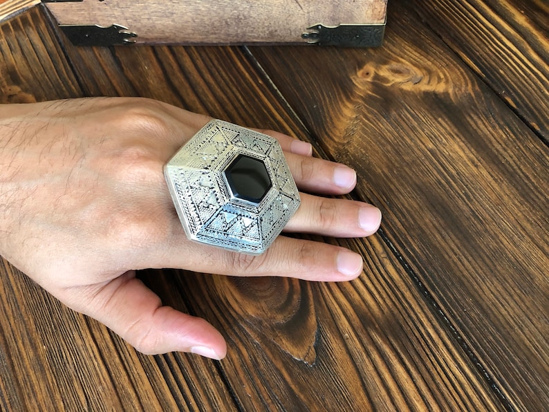 ATS vintage boho gypsy Large male Ring Afghani kuchi massive ring,unisex wiccan Berber Tribal Jewellery Tuareg black agate ring