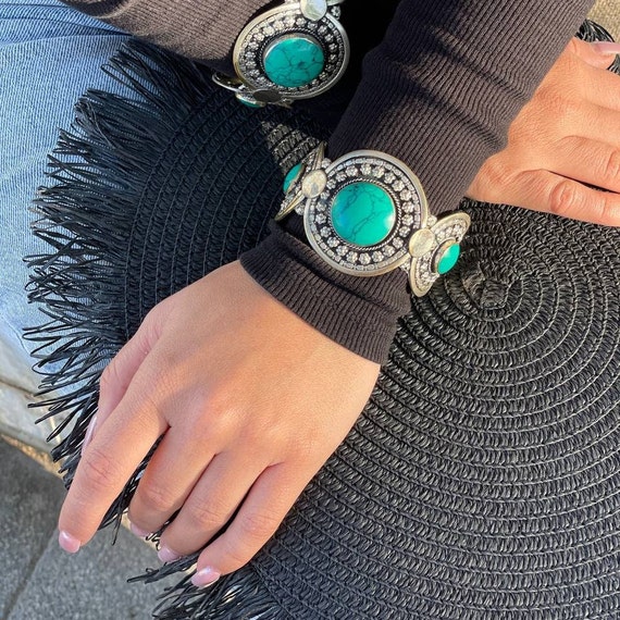 Solid bangle with green turquoise boho, Moroccan … - image 1