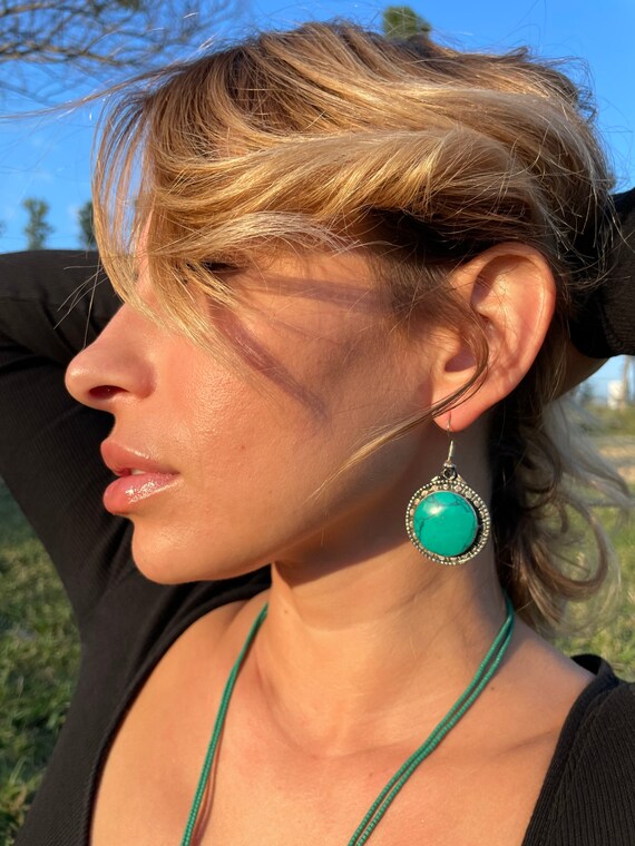 Berber style green turquoise round boho earrings, 