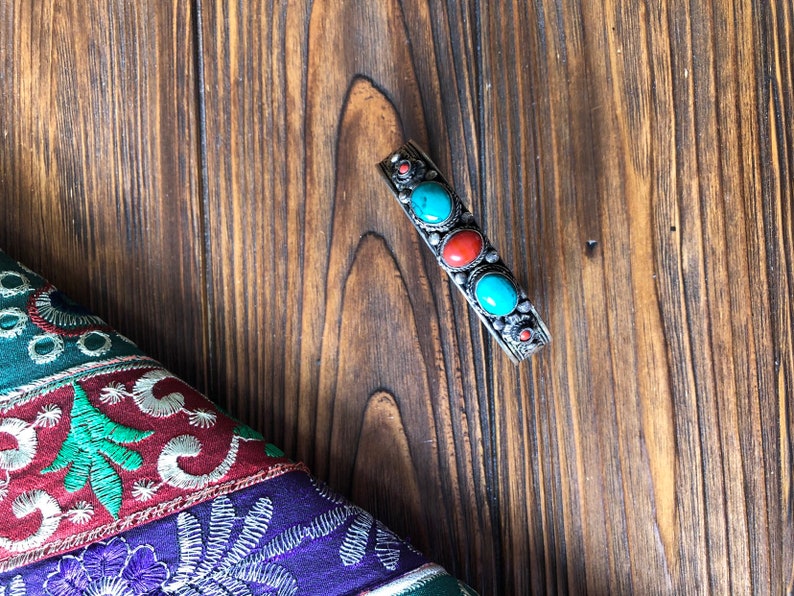 Vintage tibetan chunky turquoise and coral bracelet,filigree kuchi bracelet tribal boho look gypsy bangles Tuareg nomadic amulet