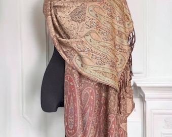 Exquisite two-sided pashmina shawl in brown and beige with multi-colored pattern, woven scarf for all seasons, Body Warmer Shawl  unisex.