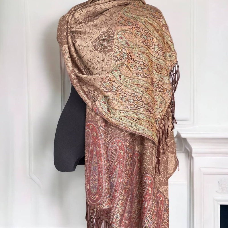 Beige Woven Design Wool Women's Shawl
