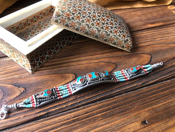 Nepalese turquoise bracelet, vintage carnelian br… - image 6
