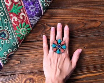 Lapis lazuli-ring turkoois koraal – Tibetaanse mozaïekbloem, maat 9,5-10