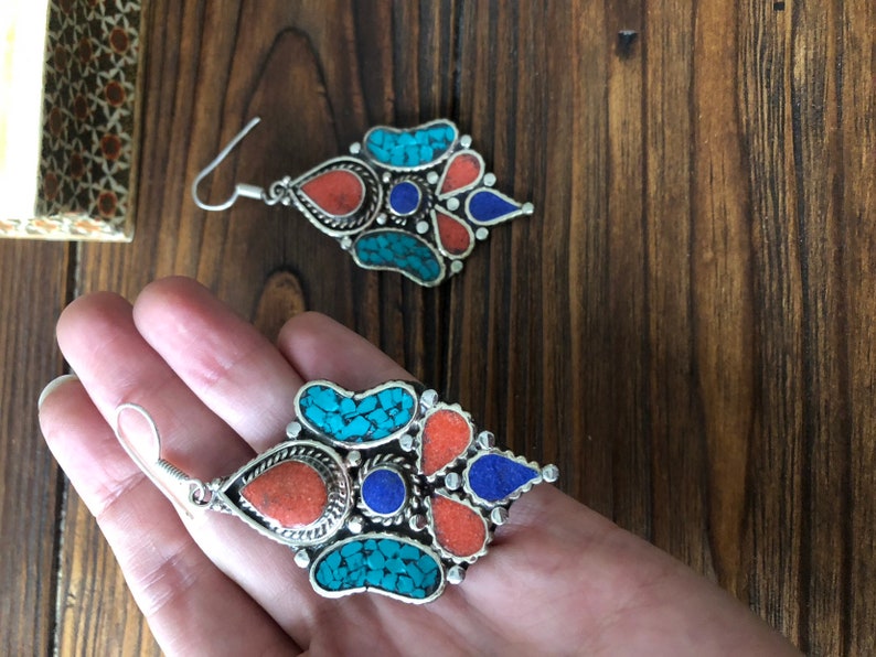 Massive bohemian mosaic turquoise earrings lapis and coral Tibetan earrings Mexican tribal ethnic peacock feather jewelry Berber vintage