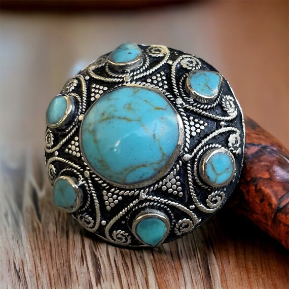 Berber massive  blue turquoise ring, flower triba… - image 1