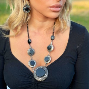 Bohemian Massive black agate necklace, Afghan kuchi jewellery, Tuareg ethnic pendant, boho vintage gift, Kazakh nomadic jewelry