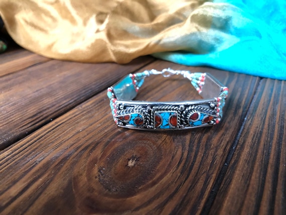 Nepalese turquoise bracelet, vintage carnelian br… - image 1