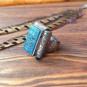 Massive rectangular ring with lazuli, Afghan tribal decorations, Tuareg amulet, unisex signet, BOHO Chic Style, LARP reconstruction.