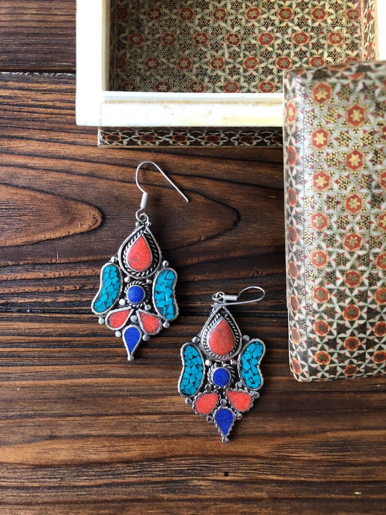 Massive bohemian mosaic turquoise earrings lapis and coral Tibetan earrings Mexican tribal ethnic peacock feather jewelry Berber vintage