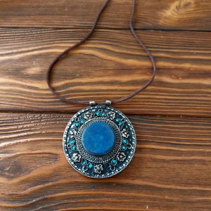 Nomadic  round lapis lazuli pendant, Massive Afghan pendant, Kazakh jewelry, boho accessories, elongated blue pendant, ethic necklace