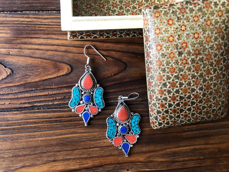 Massive bohemian mosaic turquoise earrings lapis and coral Tibetan earrings Mexican tribal ethnic peacock feather jewelry Berber vintage