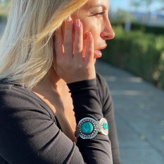 Solid bangle with green turquoise boho, Moroccan … - image 3