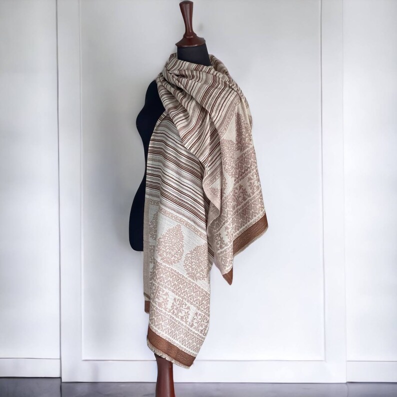 Woven merino wool shawl,Palatine beige-brown Kani pashmina,unisex scarf for all seasons, Himalayan shawl, spiritual clothing, wonderful gift image 6