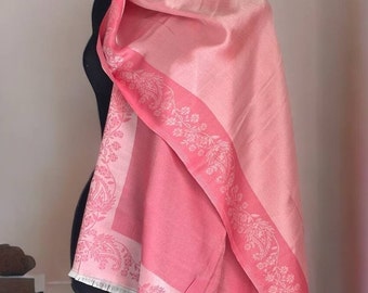 Coral double sided viscose and silk shawl with floral pattern,smart wedding cape, delicate scarf all-season, Spiritual attire,Festival Shawl