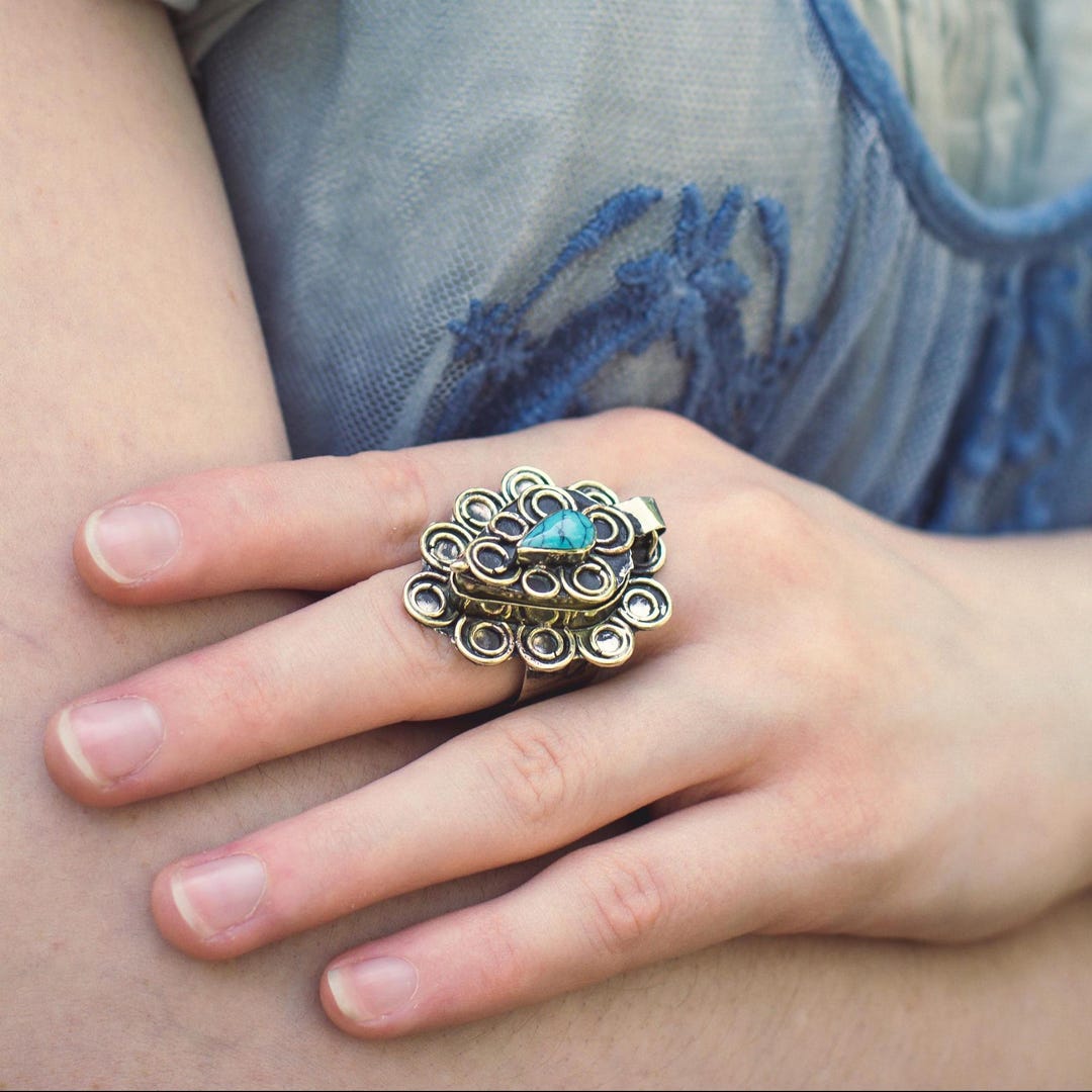 Vintage Green Turquoise Stash Ring, Adjustable Amulet, Bohemian Jewelry ...