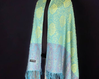 Stylish two-sided turquoise and lemon patterned shawl with multi-coloured pattern, woven scarf for all seasons, Kanni Shawl, Gift scarf.