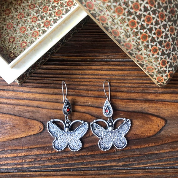 Vintage afghan butterfly  earrings,  Tuareg ethnic earrings, Kazakh nomadic jewelry, Massive bohemian earrings, gift for her, totem.