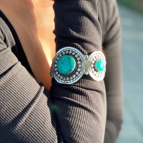 Solid bangle with green turquoise boho, Moroccan … - image 4