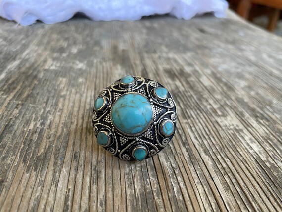 Berber massive  blue turquoise ring, flower triba… - image 8