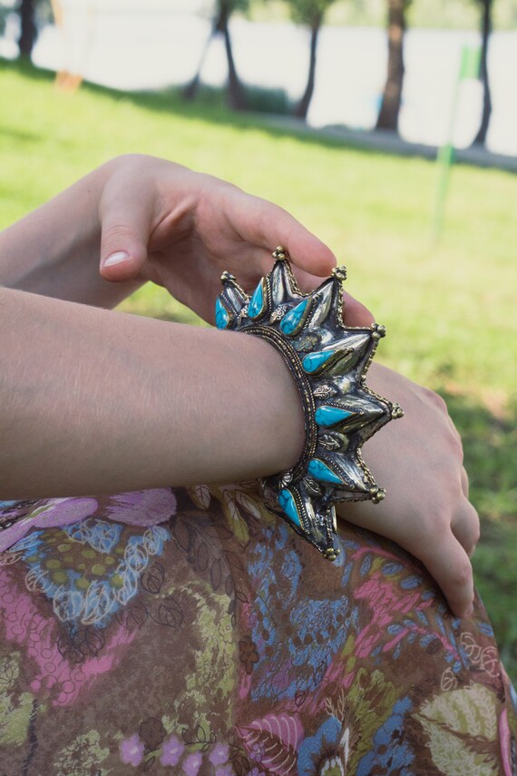 Tribal Afghan blue enamel bracelet, Gypsy nomadic cuff, Bohemian kuchi vintage, Tuareg Ethnic jewelry, Berber Antique style, ats fusion View 6