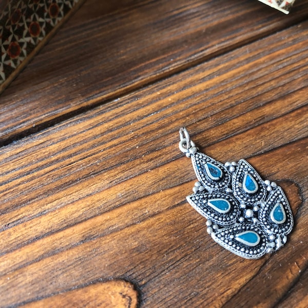 Small tree pendant with  blue enamel medallion , Afghanistan kuchi jewelry, Tuareg ethnic locket, Wiccan amulet