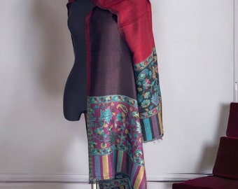 Handmade Burgundy and marsala floral Pashmina shawl - Two-way beauty with Кannie weaving,  all-season scarf, Jamawar Design, Gift scarf