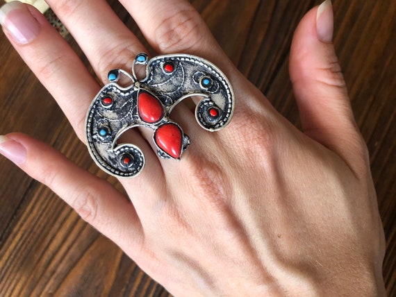Coral Butterfly massive ring - afghan handicrafts… - image 6