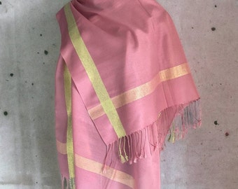 Pink fabric shawl with gold stripes, viscose and silk stole, wedding cape, Fashion Oversized Scarf, Bridesmaid Gift, All Seasons Wrap.