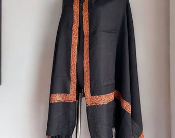 Black elegant pashmina shawl with orange handmade embroidery, exquisite flower decoration, versatile for every occasion, gift scarf.