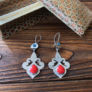 Antique Afghan massive earrings, Bohemian long coral earrings, Kazakh jewelry, Boho princess style, vintage Tuareg Berber ethnic
