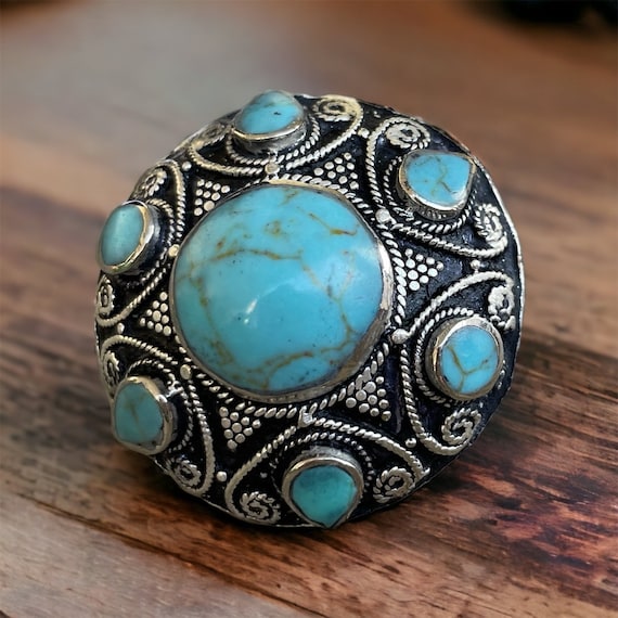 Berber massive  blue turquoise ring, flower triba… - image 2