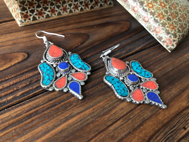 Massive bohemian mosaic turquoise earrings lapis and coral Tibetan earrings Mexican tribal ethnic peacock feather jewelry Berber vintage