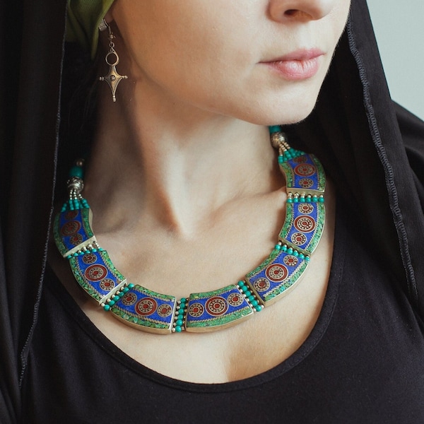 Collier népalais turquoise et corail, bijoux Boho maroquin, collier mosaïque ethnique marocaine, tribal nomade, style tibétain Boho Gypsy