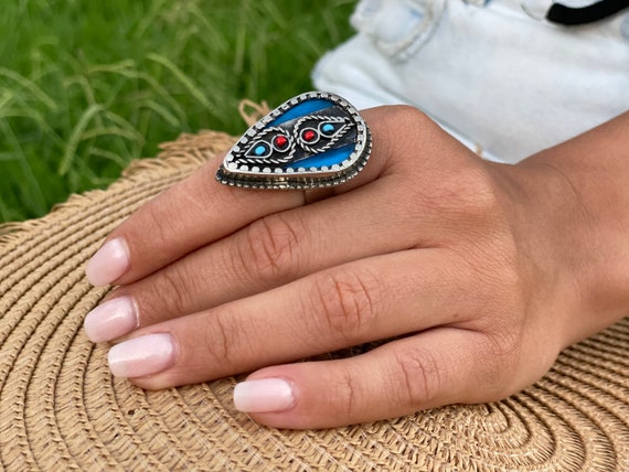 Blue Afghan vintage drop ring, bohemian Tribal  J… - image 3