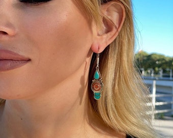 Turquoise and Coral Mosaic Drop Earrings Nepalese Style, Moroccan style,  silver Nepali elegant jewelry, bohemian style.