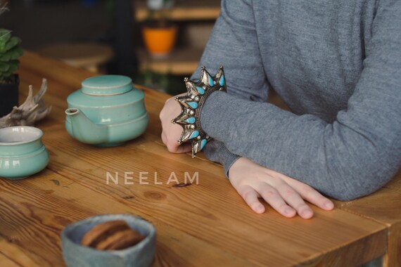 Tribal Afghan blue enamel bracelet, Gypsy nomadic cuff, Bohemian kuchi vintage, Tuareg Ethnic jewelry, Berber Antique style, ats fusion View 2