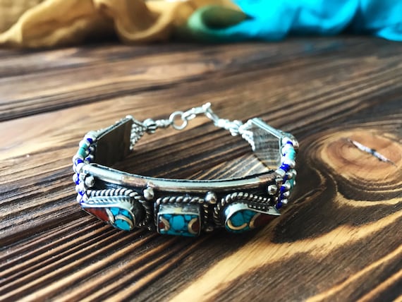 Nepalese turquoise bracelet, vintage carnelian br… - image 2