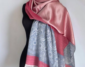 Double-sided shiny pink fabric shawl, viscose and silk stolen, wedding cloak, fashionable oversized scarf, bride gift, all seasons wrap.
