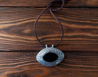 Eye pendant with boho black agate, Afghan mascot heap, forged pendant, Kazakh oval vintage medallion, bohemian jewelry, tuareg pendant.