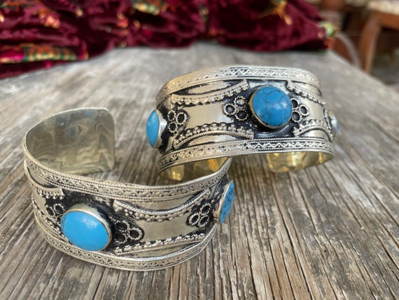 Tribal Afghan blue turquoise bracelet, Vintage Bo… - image 4