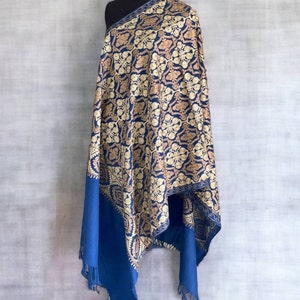 Bright blue pashmina shawl with shiny gold embroidery, bohemian palatine, best gift, unisex scarf for all seasons, Large Paisley design.