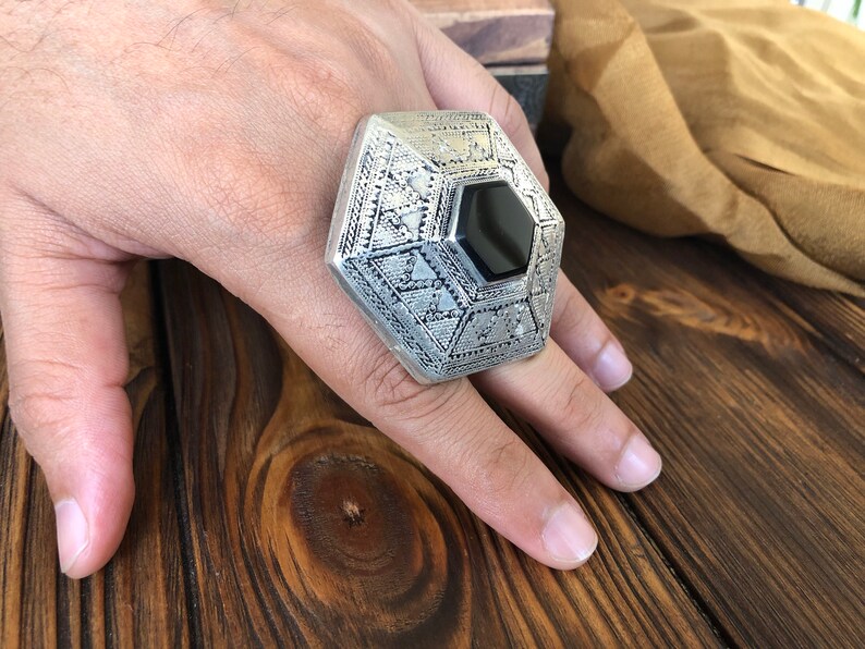ATS vintage boho gypsy Large male Ring Afghani kuchi massive ring,unisex wiccan Berber Tribal Jewellery Tuareg black agate ring