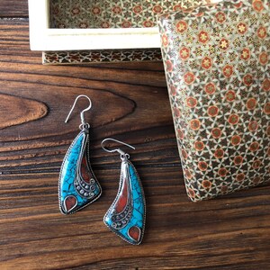 Mosaic turquoise ethnic earrings, Tibetan drop earrings, silver Nepali elegant tribal jewelry, bohemian vintage style